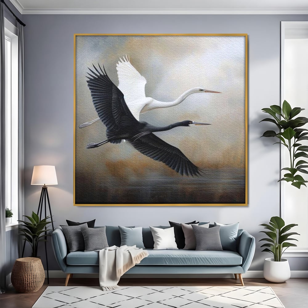 Tablou Canvas Premium, LuxCanva® M1060, Tandem in Infinit, Pasari, Pereche, Simetrie, Echilibru, Yin, Yang, Zbor, Alb, Negru, Lac, Cer, Natura, Birou, Living, Camera Copil