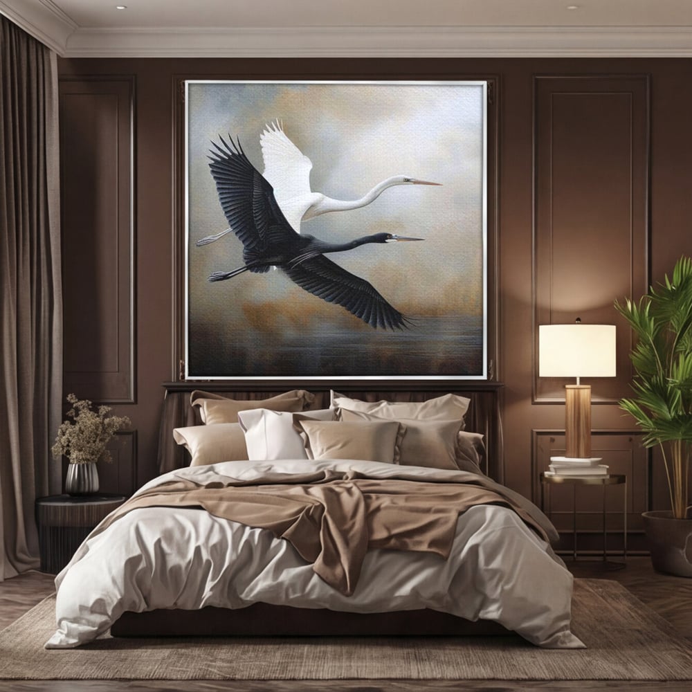 Tablou Canvas Premium, LuxCanva® M1060, Tandem in Infinit, Pasari, Pereche, Simetrie, Echilibru, Yin, Yang, Zbor, Alb, Negru, Lac, Cer, Natura, Birou, Living, Camera Copil