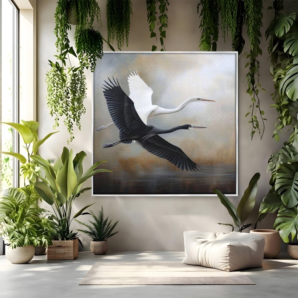 Tablou Canvas Premium, LuxCanva® M1060, Tandem in Infinit, Pasari, Pereche, Simetrie, Echilibru, Yin, Yang, Zbor, Alb, Negru, Lac, Cer, Natura, Birou, Living, Camera Copil