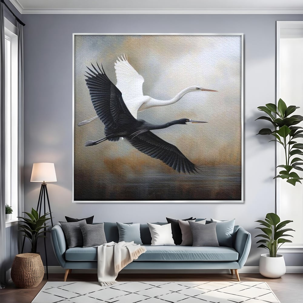 Tablou Canvas Premium, LuxCanva® M1060, Tandem in Infinit, Pasari, Pereche, Simetrie, Echilibru, Yin, Yang, Zbor, Alb, Negru, Lac, Cer, Natura, Birou, Living, Camera Copil