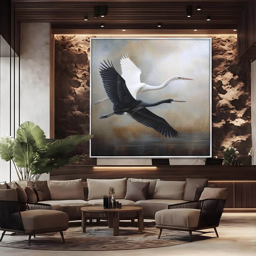 Tablou Canvas Premium, LuxCanva® M1060, Tandem in Infinit, Pasari, Pereche, Simetrie, Echilibru, Yin, Yang, Zbor, Alb, Negru, Lac, Cer, Natura, Birou, Living, Camera Copil