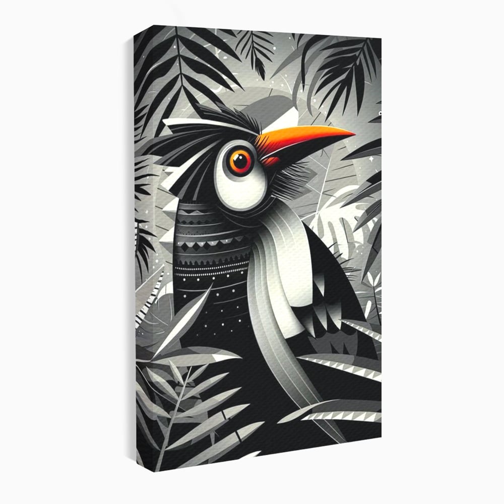 Leinwand Premium Canvas Wandkunst, LuxCanva® M1061, Totemic Fragment, Monochrom, Exotisch, Vogel, Dschungel, Blätter, Tribal, Totem, Totem, Abstrakt, Grafik, Büro, Wohnen, Kinderzimmer