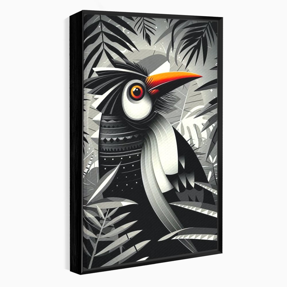 Leinwand Premium Canvas Wandkunst, LuxCanva® M1061, Totemic Fragment, Monochrom, Exotisch, Vogel, Dschungel, Blätter, Tribal, Totem, Totem, Abstrakt, Grafik, Büro, Wohnen, Kinderzimmer