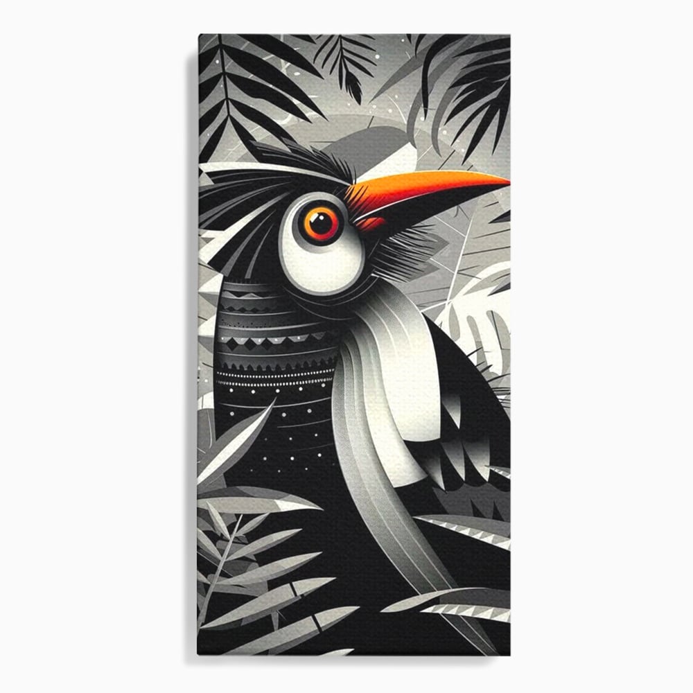 Leinwand Premium Canvas Wandkunst, LuxCanva® M1061, Totemic Fragment, Monochrom, Exotisch, Vogel, Dschungel, Blätter, Tribal, Totem, Totem, Abstrakt, Grafik, Büro, Wohnen, Kinderzimmer