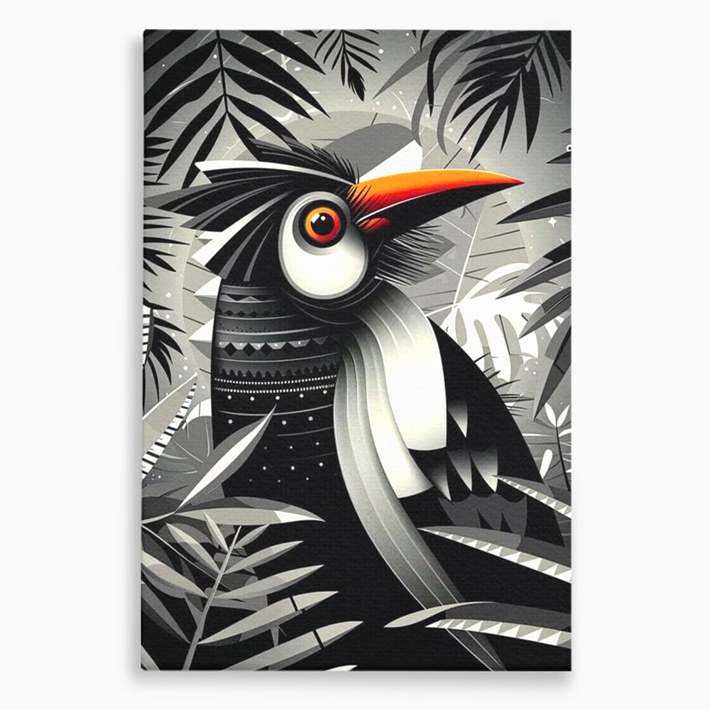 Leinwand Premium Canvas Wandkunst, LuxCanva® M1061, Totemic Fragment, Monochrom, Exotisch, Vogel, Dschungel, Blätter, Tribal, Totem, Totem, Abstrakt, Grafik, Büro, Wohnen, Kinderzimmer