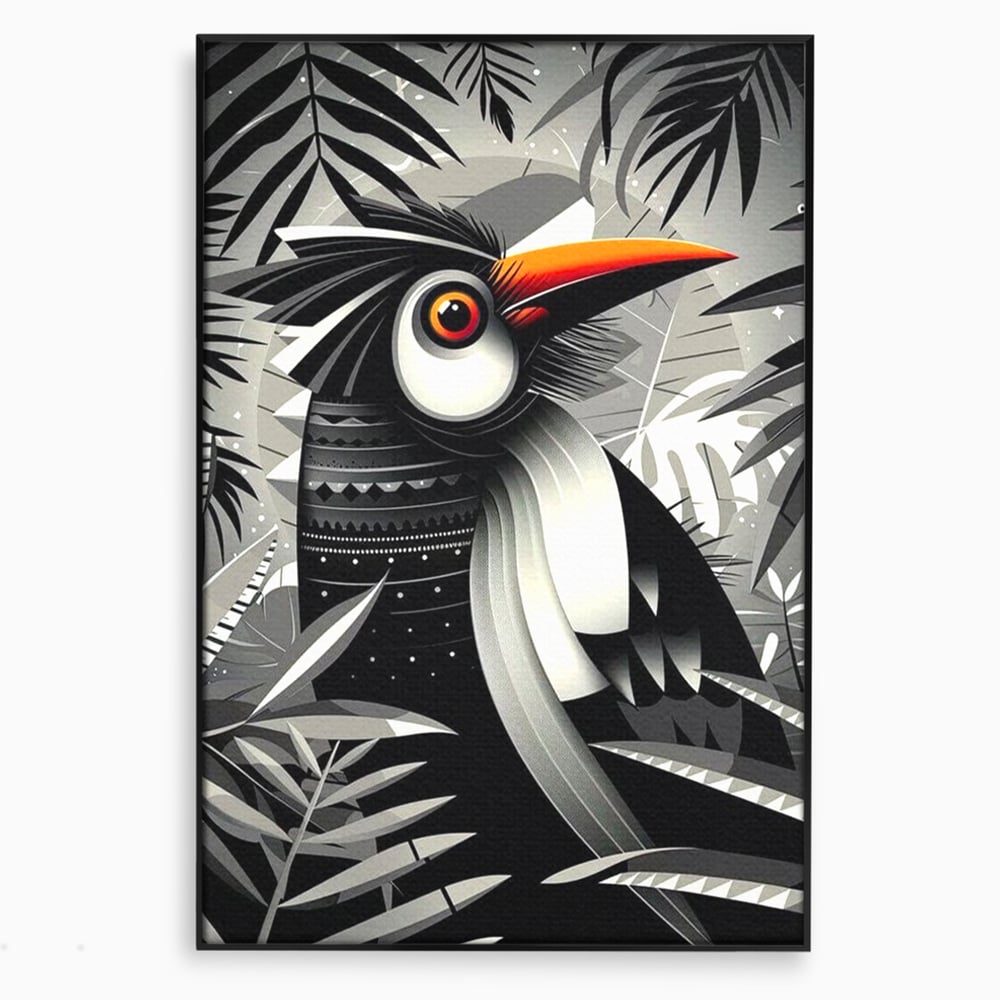Leinwand Premium Canvas Wandkunst, LuxCanva® M1061, Totemic Fragment, Monochrom, Exotisch, Vogel, Dschungel, Blätter, Tribal, Totem, Totem, Abstrakt, Grafik, Büro, Wohnen, Kinderzimmer