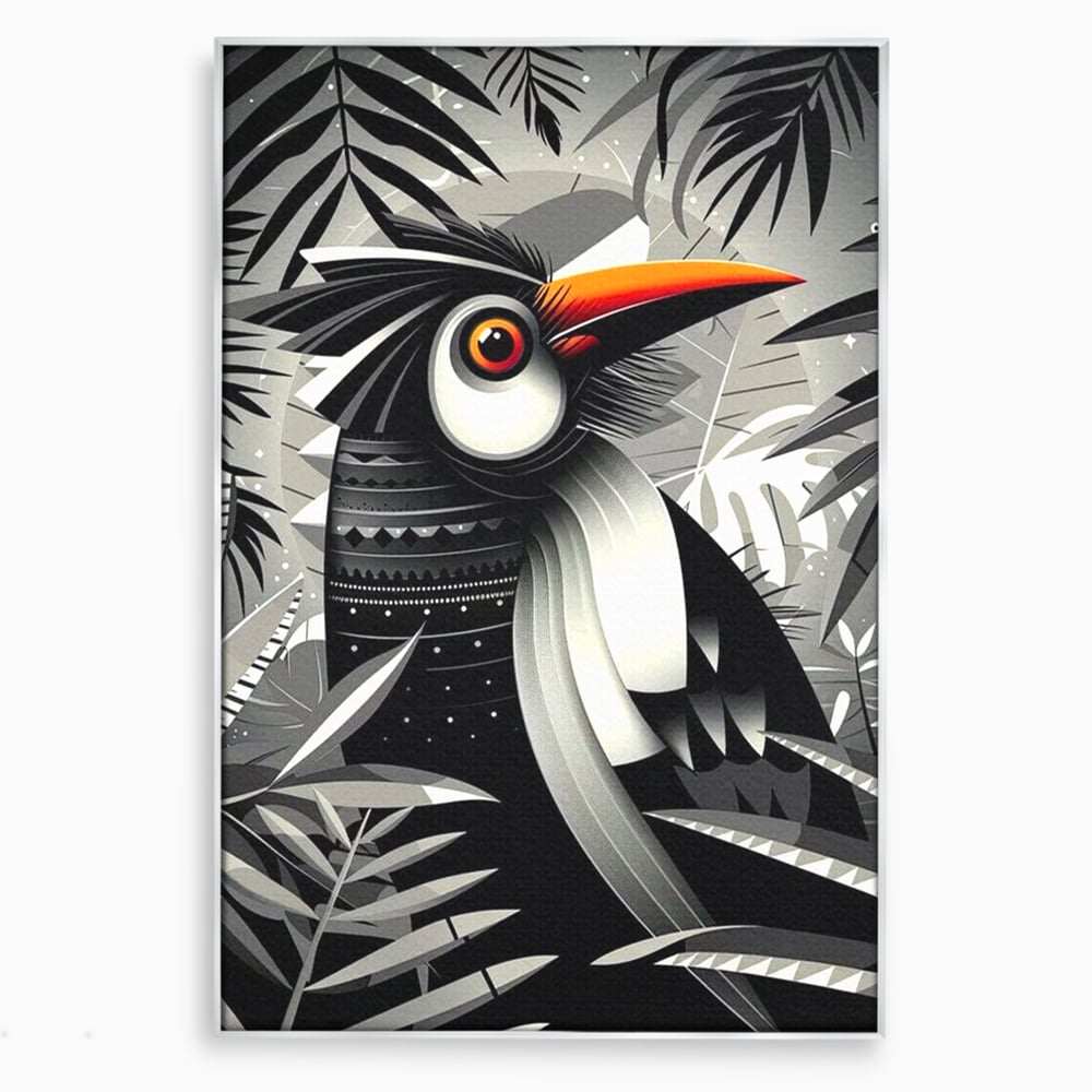 Leinwand Premium Canvas Wandkunst, LuxCanva® M1061, Totemic Fragment, Monochrom, Exotisch, Vogel, Dschungel, Blätter, Tribal, Totem, Totem, Abstrakt, Grafik, Büro, Wohnen, Kinderzimmer