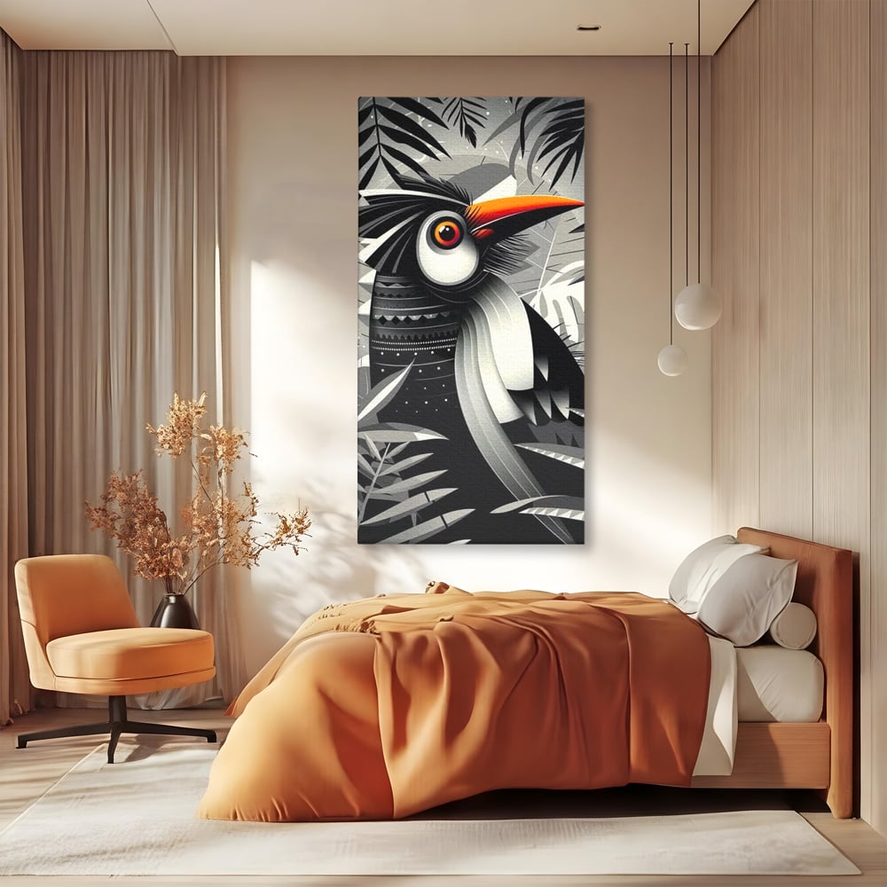 Leinwand Premium Canvas Wandkunst, LuxCanva® M1061, Totemic Fragment, Monochrom, Exotisch, Vogel, Dschungel, Blätter, Tribal, Totem, Totem, Abstrakt, Grafik, Büro, Wohnen, Kinderzimmer