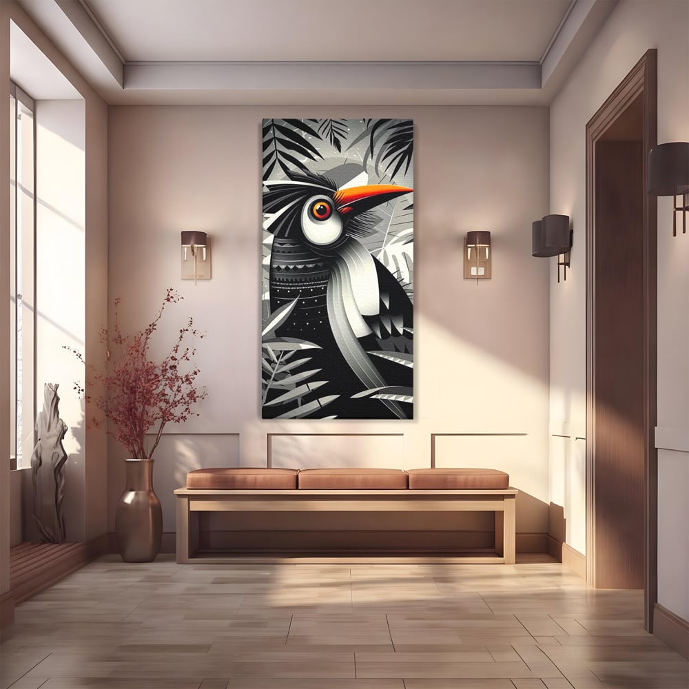 Leinwand Premium Canvas Wandkunst, LuxCanva® M1061, Totemic Fragment, Monochrom, Exotisch, Vogel, Dschungel, Blätter, Tribal, Totem, Totem, Abstrakt, Grafik, Büro, Wohnen, Kinderzimmer