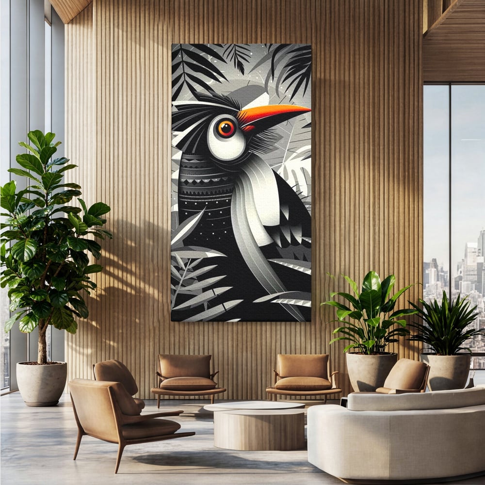 Leinwand Premium Canvas Wandkunst, LuxCanva® M1061, Totemic Fragment, Monochrom, Exotisch, Vogel, Dschungel, Blätter, Tribal, Totem, Totem, Abstrakt, Grafik, Büro, Wohnen, Kinderzimmer