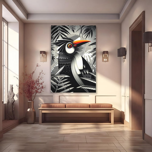 Leinwand Premium Canvas Wandkunst, LuxCanva® M1061, Totemic Fragment, Monochrom, Exotisch, Vogel, Dschungel, Blätter, Tribal, Totem, Totem, Abstrakt, Grafik, Büro, Wohnen, Kinderzimmer