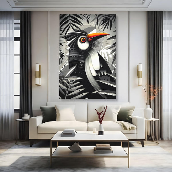 Leinwand Premium Canvas Wandkunst, LuxCanva® M1061, Totemic Fragment, Monochrom, Exotisch, Vogel, Dschungel, Blätter, Tribal, Totem, Totem, Abstrakt, Grafik, Büro, Wohnen, Kinderzimmer