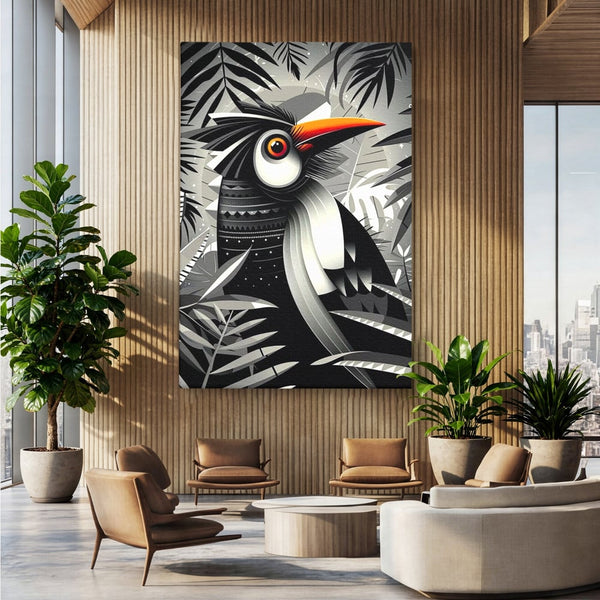 Leinwand Premium Canvas Wandkunst, LuxCanva® M1061, Totemic Fragment, Monochrom, Exotisch, Vogel, Dschungel, Blätter, Tribal, Totem, Totem, Abstrakt, Grafik, Büro, Wohnen, Kinderzimmer
