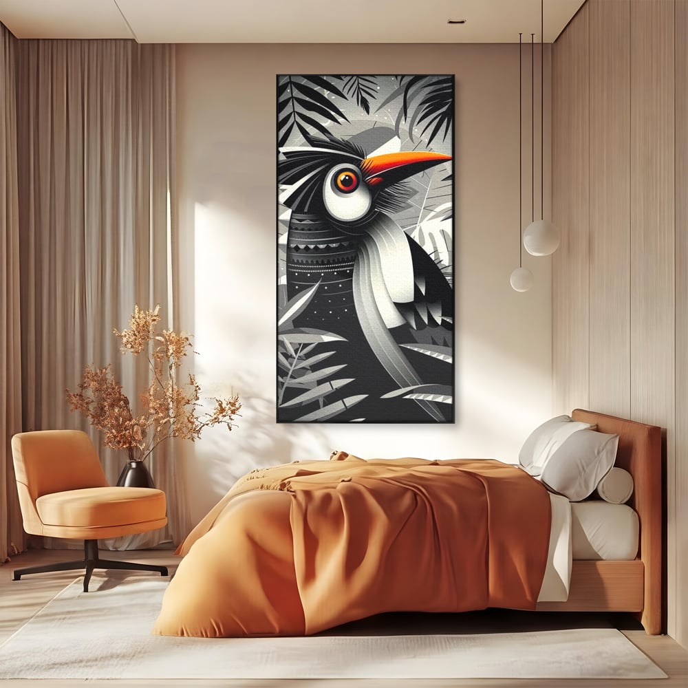 Leinwand Premium Canvas Wandkunst, LuxCanva® M1061, Totemic Fragment, Monochrom, Exotisch, Vogel, Dschungel, Blätter, Tribal, Totem, Totem, Abstrakt, Grafik, Büro, Wohnen, Kinderzimmer