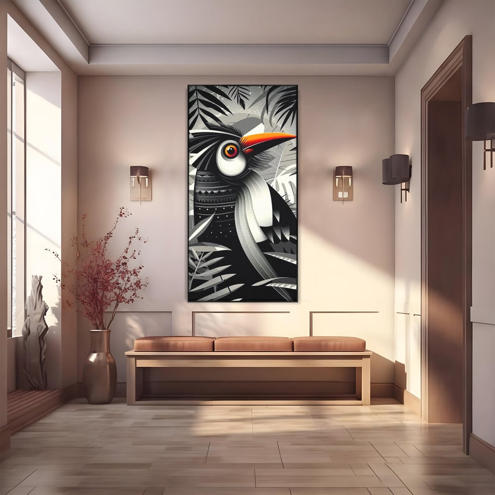 Leinwand Premium Canvas Wandkunst, LuxCanva® M1061, Totemic Fragment, Monochrom, Exotisch, Vogel, Dschungel, Blätter, Tribal, Totem, Totem, Abstrakt, Grafik, Büro, Wohnen, Kinderzimmer