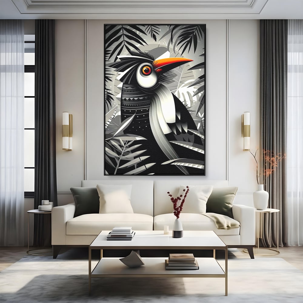 Leinwand Premium Canvas Wandkunst, LuxCanva® M1061, Totemic Fragment, Monochrom, Exotisch, Vogel, Dschungel, Blätter, Tribal, Totem, Totem, Abstrakt, Grafik, Büro, Wohnen, Kinderzimmer