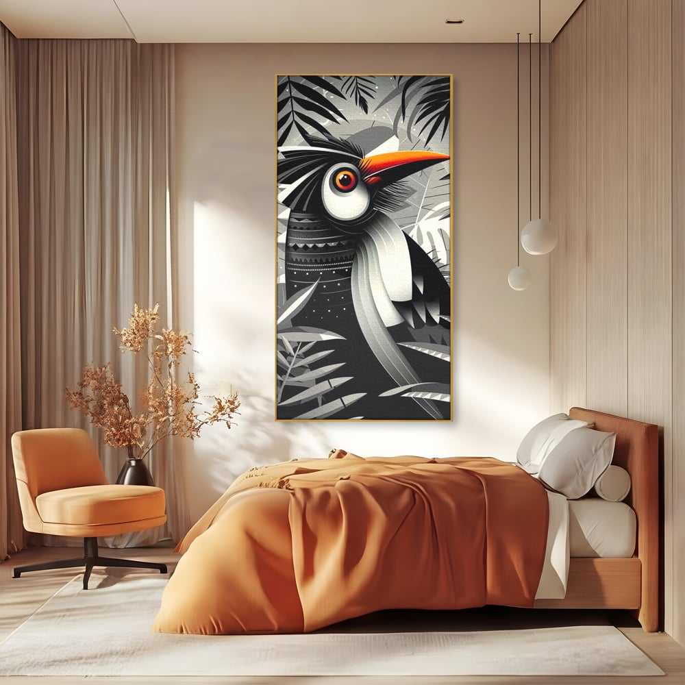 Leinwand Premium Canvas Wandkunst, LuxCanva® M1061, Totemic Fragment, Monochrom, Exotisch, Vogel, Dschungel, Blätter, Tribal, Totem, Totem, Abstrakt, Grafik, Büro, Wohnen, Kinderzimmer
