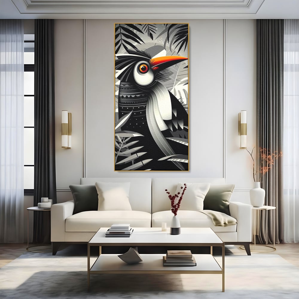 Leinwand Premium Canvas Wandkunst, LuxCanva® M1061, Totemic Fragment, Monochrom, Exotisch, Vogel, Dschungel, Blätter, Tribal, Totem, Totem, Abstrakt, Grafik, Büro, Wohnen, Kinderzimmer