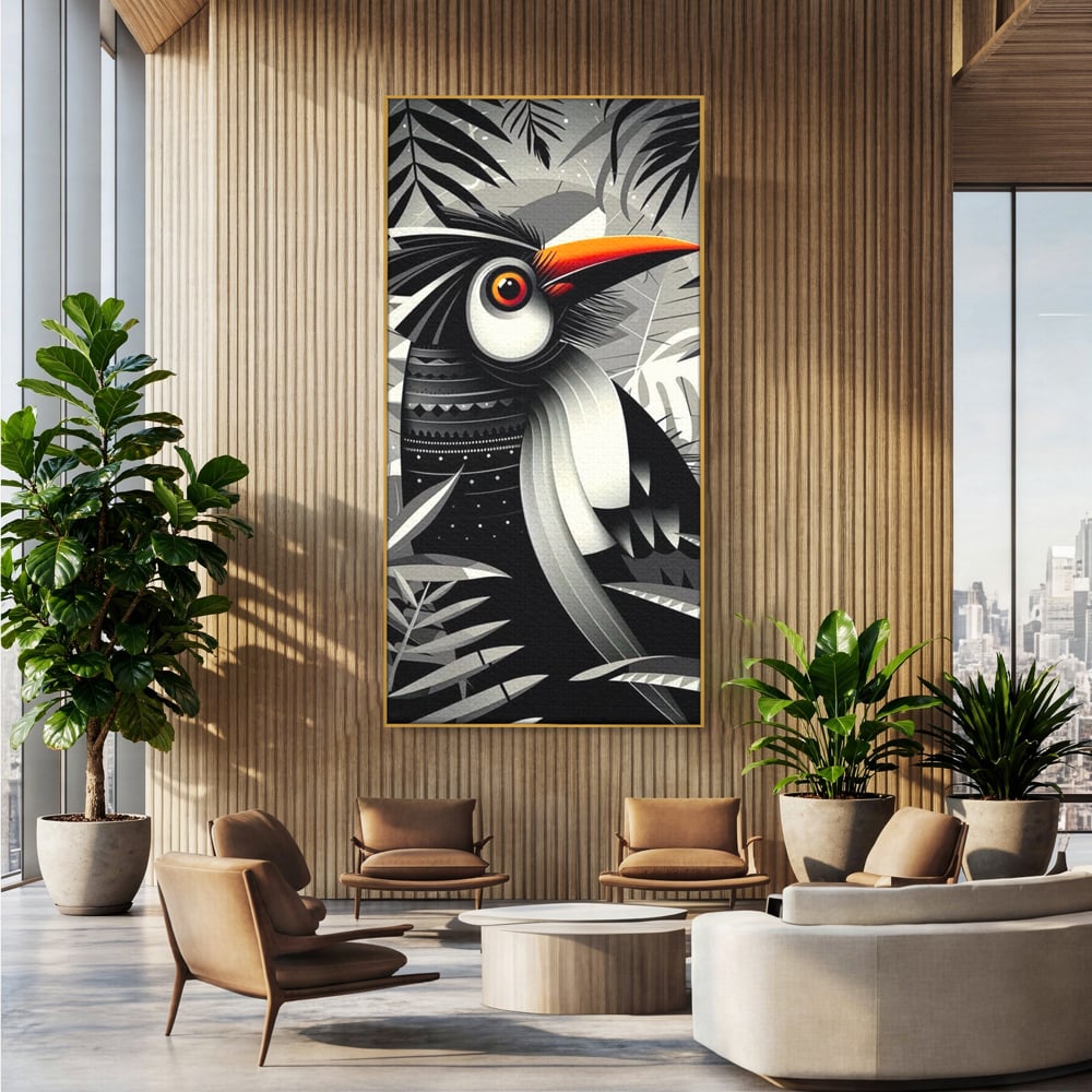 Leinwand Premium Canvas Wandkunst, LuxCanva® M1061, Totemic Fragment, Monochrom, Exotisch, Vogel, Dschungel, Blätter, Tribal, Totem, Totem, Abstrakt, Grafik, Büro, Wohnen, Kinderzimmer