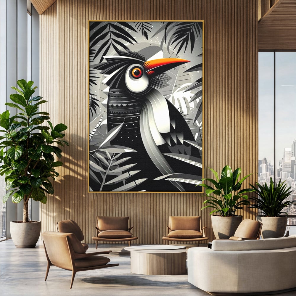 Leinwand Premium Canvas Wandkunst, LuxCanva® M1061, Totemic Fragment, Monochrom, Exotisch, Vogel, Dschungel, Blätter, Tribal, Totem, Totem, Abstrakt, Grafik, Büro, Wohnen, Kinderzimmer