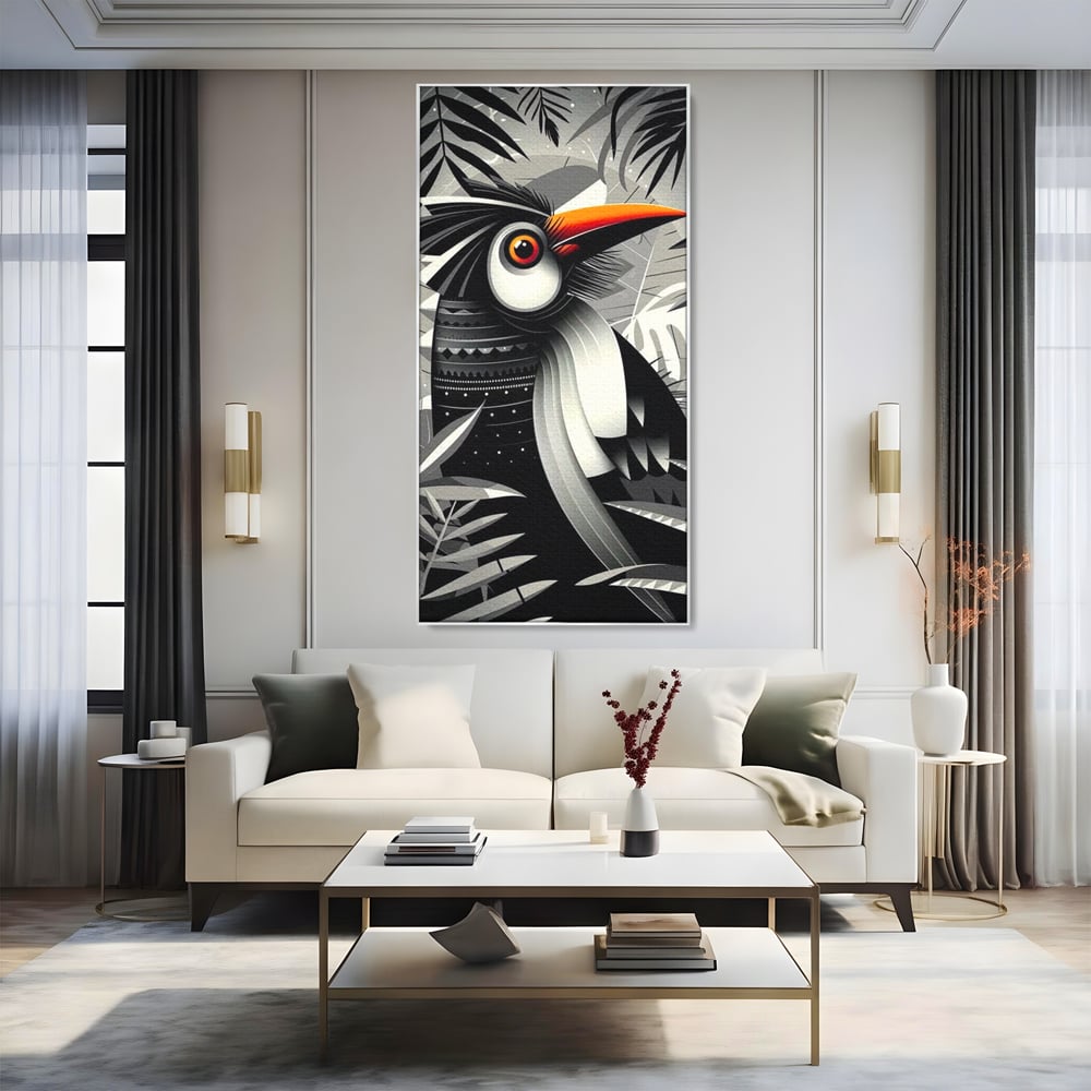 Leinwand Premium Canvas Wandkunst, LuxCanva® M1061, Totemic Fragment, Monochrom, Exotisch, Vogel, Dschungel, Blätter, Tribal, Totem, Totem, Abstrakt, Grafik, Büro, Wohnen, Kinderzimmer