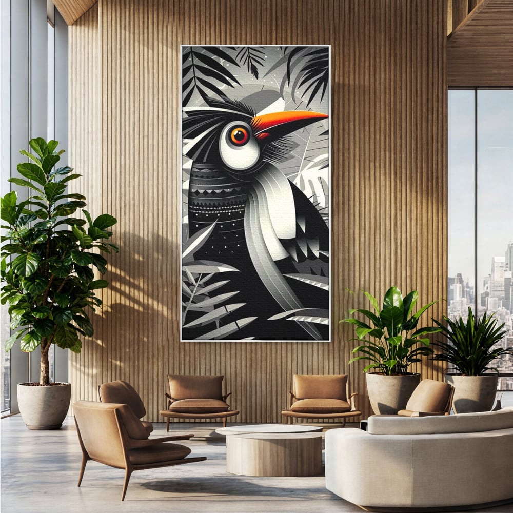 Leinwand Premium Canvas Wandkunst, LuxCanva® M1061, Totemic Fragment, Monochrom, Exotisch, Vogel, Dschungel, Blätter, Tribal, Totem, Totem, Abstrakt, Grafik, Büro, Wohnen, Kinderzimmer