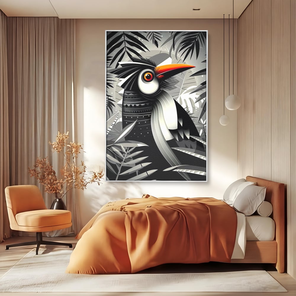 Leinwand Premium Canvas Wandkunst, LuxCanva® M1061, Totemic Fragment, Monochrom, Exotisch, Vogel, Dschungel, Blätter, Tribal, Totem, Totem, Abstrakt, Grafik, Büro, Wohnen, Kinderzimmer