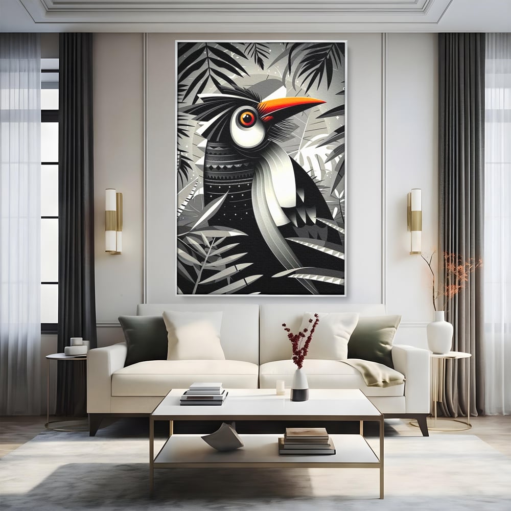 Leinwand Premium Canvas Wandkunst, LuxCanva® M1061, Totemic Fragment, Monochrom, Exotisch, Vogel, Dschungel, Blätter, Tribal, Totem, Totem, Abstrakt, Grafik, Büro, Wohnen, Kinderzimmer
