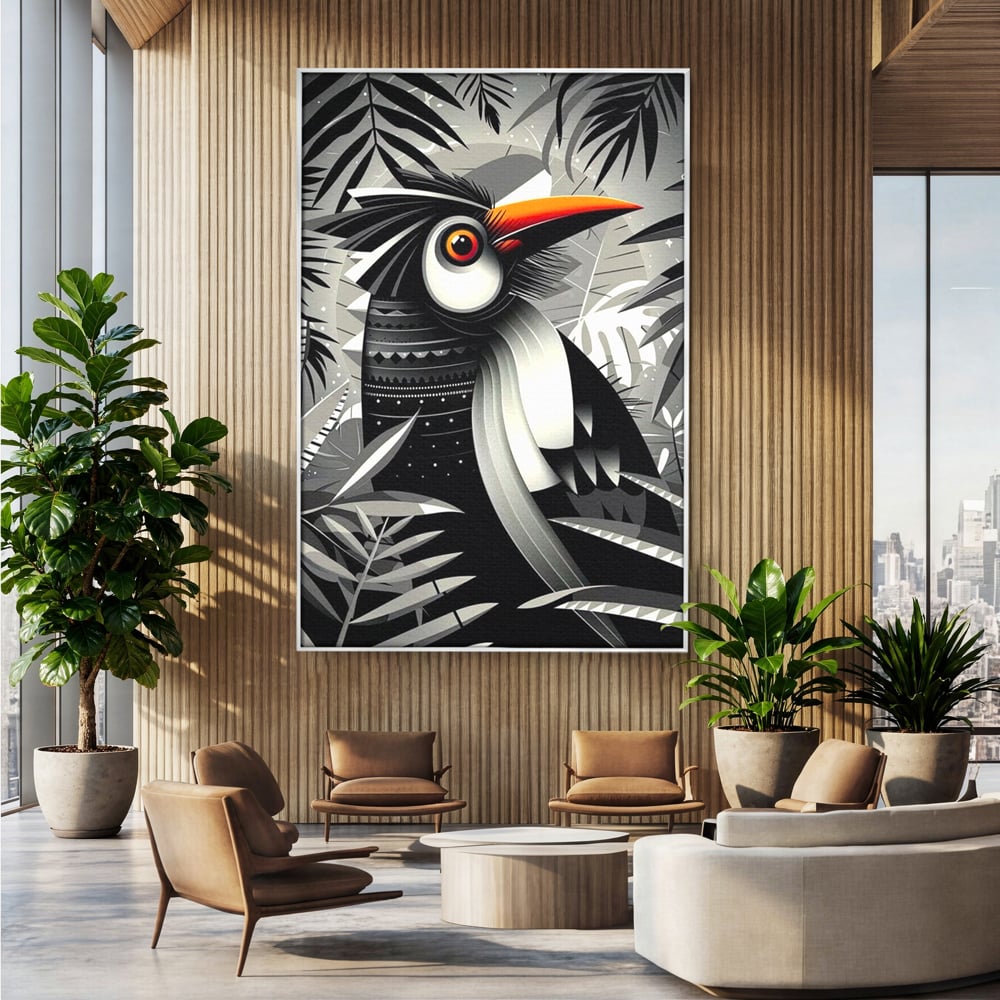 Leinwand Premium Canvas Wandkunst, LuxCanva® M1061, Totemic Fragment, Monochrom, Exotisch, Vogel, Dschungel, Blätter, Tribal, Totem, Totem, Abstrakt, Grafik, Büro, Wohnen, Kinderzimmer