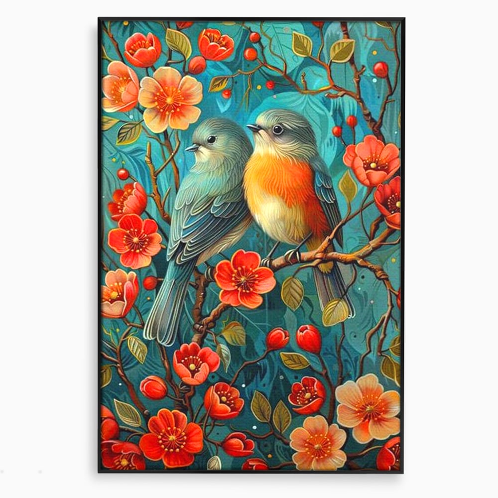 Tablou Canvas Premium, LuxCanva® M1062, Muguri de Iubire, Primavara, Pereche, Muguri, Flori, Creanga, Natura, Botanic, Romantic, Pasari, Birou, Living, Camera Copil