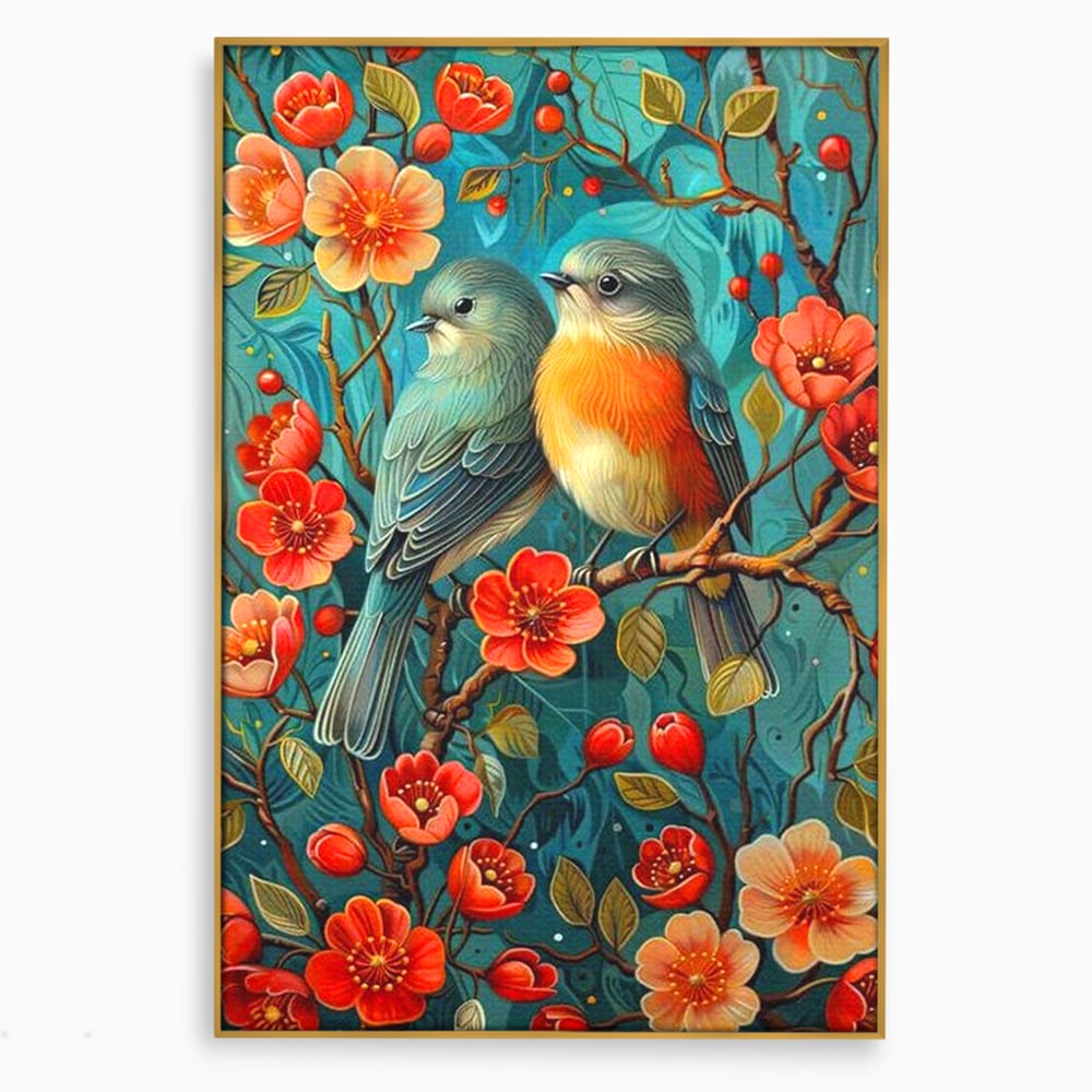 Tablou Canvas Premium, LuxCanva® M1062, Muguri de Iubire, Primavara, Pereche, Muguri, Flori, Creanga, Natura, Botanic, Romantic, Pasari, Birou, Living, Camera Copil