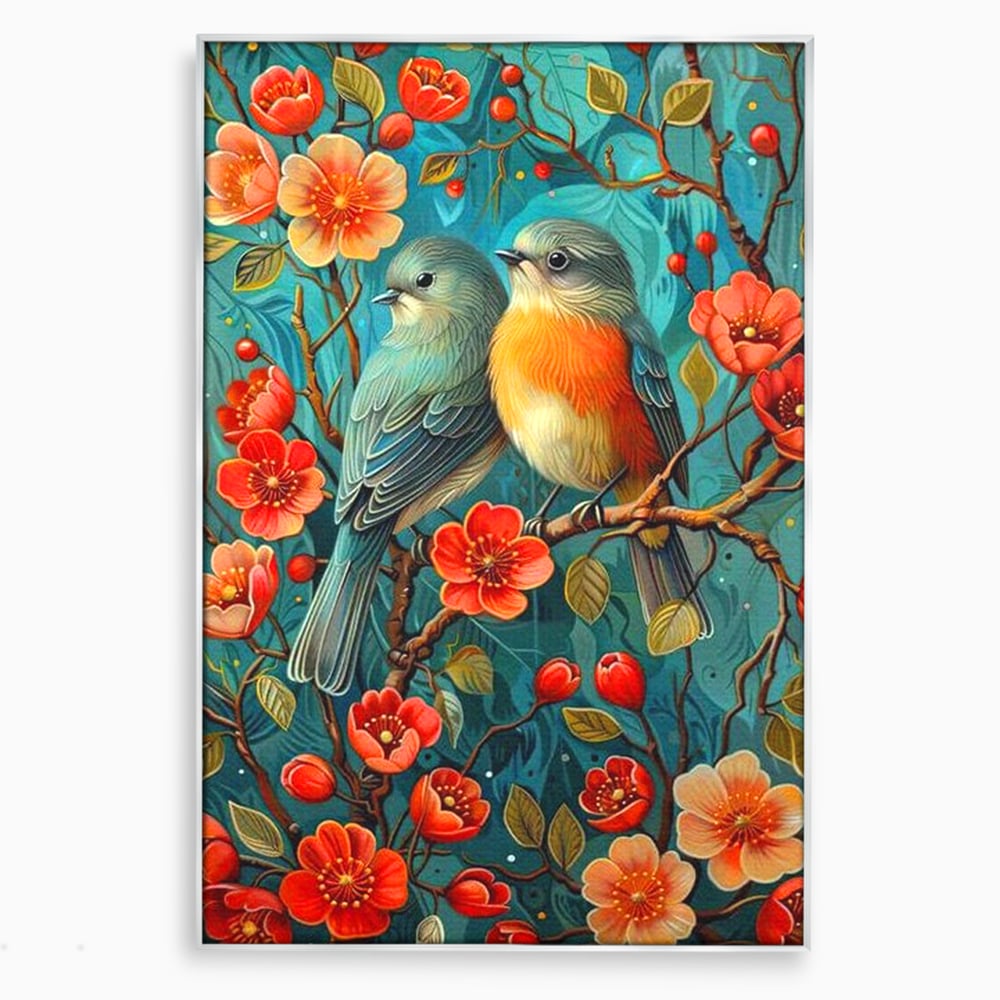 Tablou Canvas Premium, LuxCanva® M1062, Muguri de Iubire, Primavara, Pereche, Muguri, Flori, Creanga, Natura, Botanic, Romantic, Pasari, Birou, Living, Camera Copil