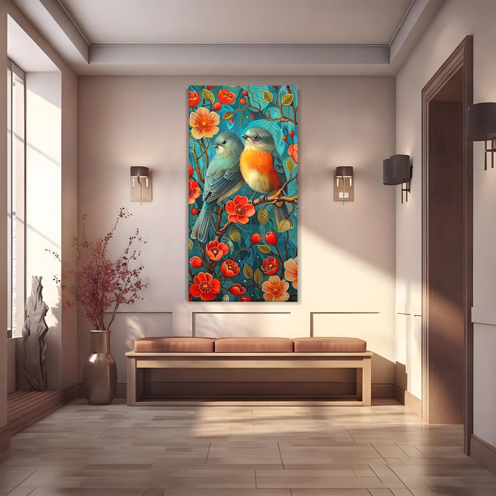Tablou Canvas Premium, LuxCanva® M1062, Muguri de Iubire, Primavara, Pereche, Muguri, Flori, Creanga, Natura, Botanic, Romantic, Pasari, Birou, Living, Camera Copil