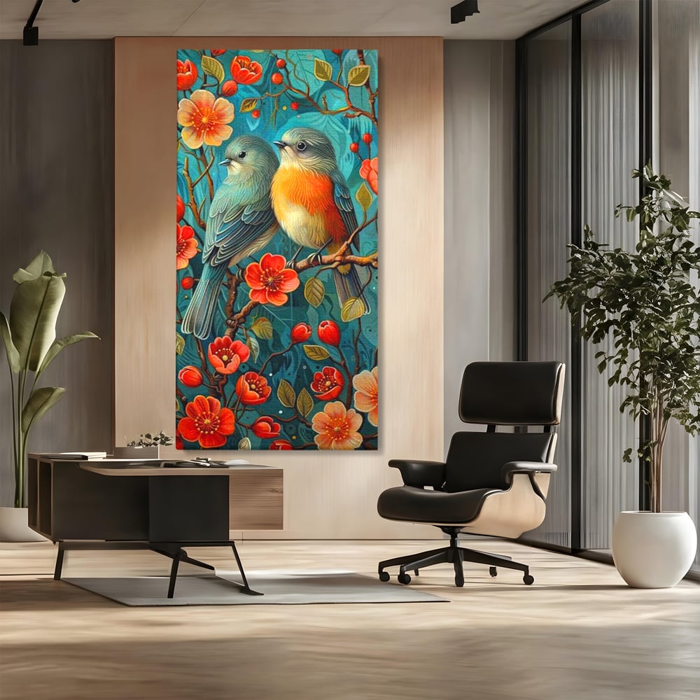 Tablou Canvas Premium, LuxCanva® M1062, Muguri de Iubire, Primavara, Pereche, Muguri, Flori, Creanga, Natura, Botanic, Romantic, Pasari, Birou, Living, Camera Copil