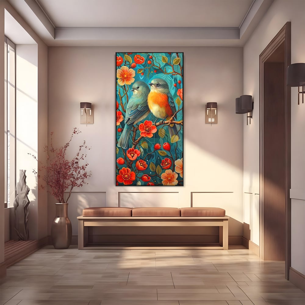 Tablou Canvas Premium, LuxCanva® M1062, Muguri de Iubire, Primavara, Pereche, Muguri, Flori, Creanga, Natura, Botanic, Romantic, Pasari, Birou, Living, Camera Copil