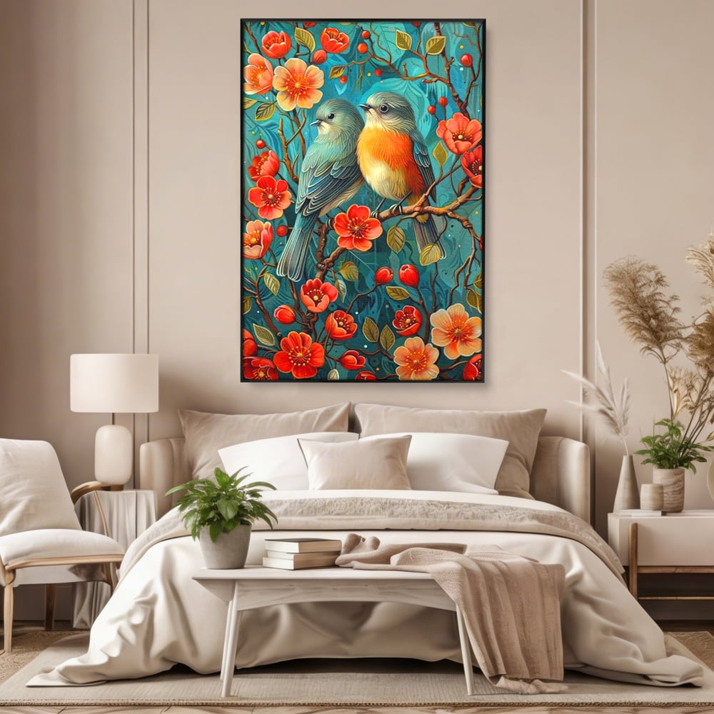 Tablou Canvas Premium, LuxCanva® M1062, Muguri de Iubire, Primavara, Pereche, Muguri, Flori, Creanga, Natura, Botanic, Romantic, Pasari, Birou, Living, Camera Copil
