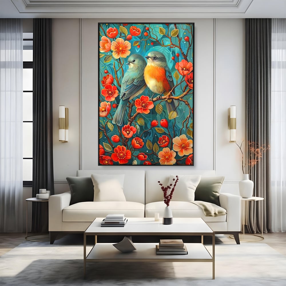 Tablou Canvas Premium, LuxCanva® M1062, Muguri de Iubire, Primavara, Pereche, Muguri, Flori, Creanga, Natura, Botanic, Romantic, Pasari, Birou, Living, Camera Copil