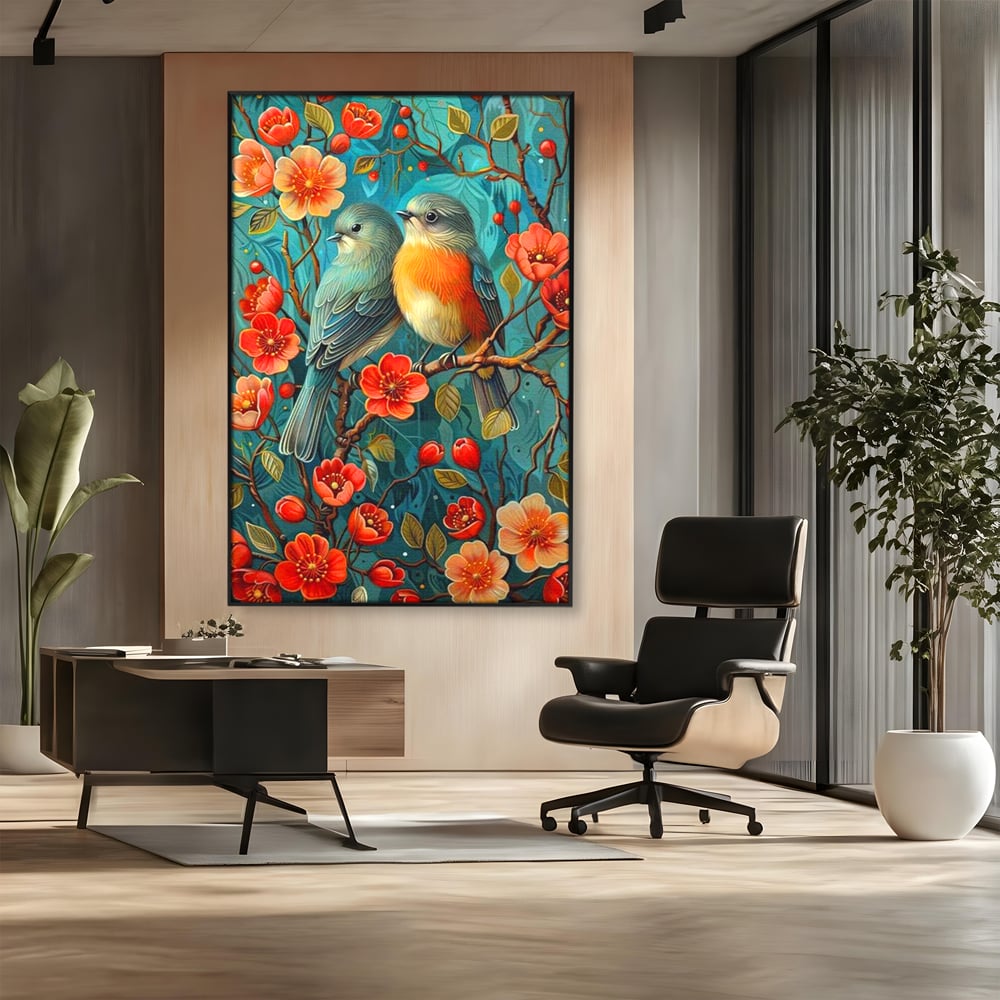 Tablou Canvas Premium, LuxCanva® M1062, Muguri de Iubire, Primavara, Pereche, Muguri, Flori, Creanga, Natura, Botanic, Romantic, Pasari, Birou, Living, Camera Copil