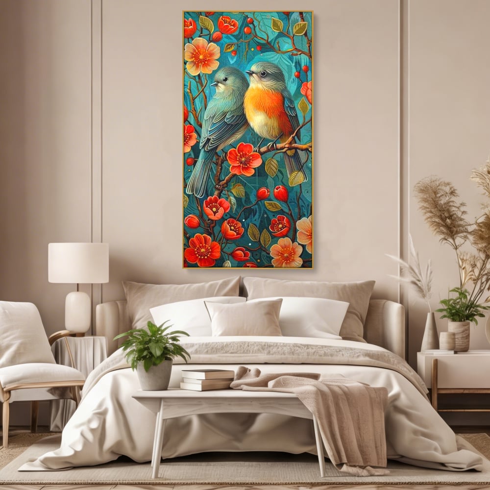 Tablou Canvas Premium, LuxCanva® M1062, Muguri de Iubire, Primavara, Pereche, Muguri, Flori, Creanga, Natura, Botanic, Romantic, Pasari, Birou, Living, Camera Copil