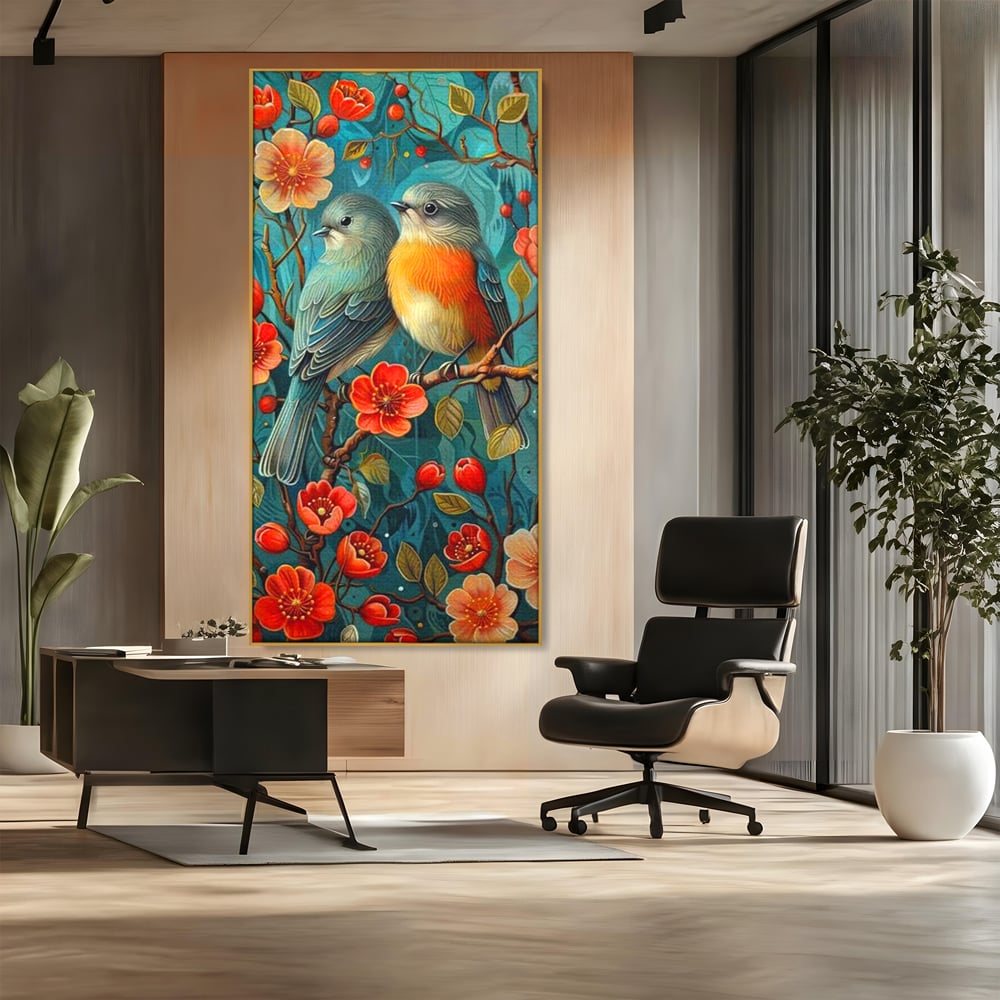 Tablou Canvas Premium, LuxCanva® M1062, Muguri de Iubire, Primavara, Pereche, Muguri, Flori, Creanga, Natura, Botanic, Romantic, Pasari, Birou, Living, Camera Copil