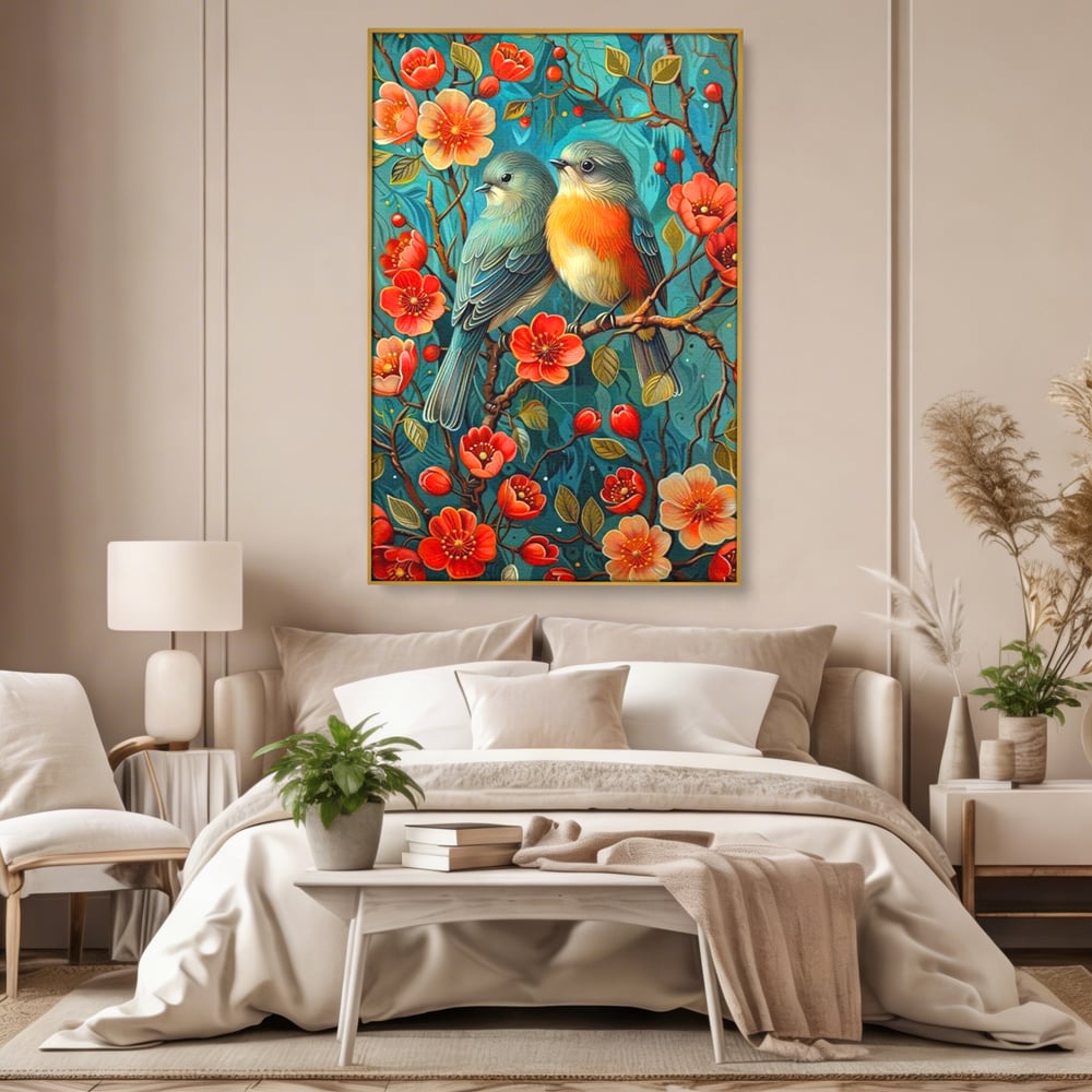Tablou Canvas Premium, LuxCanva® M1062, Muguri de Iubire, Primavara, Pereche, Muguri, Flori, Creanga, Natura, Botanic, Romantic, Pasari, Birou, Living, Camera Copil