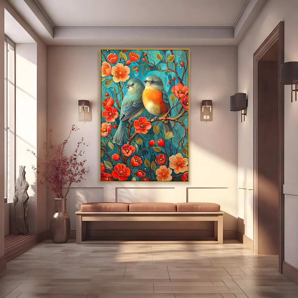 Tablou Canvas Premium, LuxCanva® M1062, Muguri de Iubire, Primavara, Pereche, Muguri, Flori, Creanga, Natura, Botanic, Romantic, Pasari, Birou, Living, Camera Copil