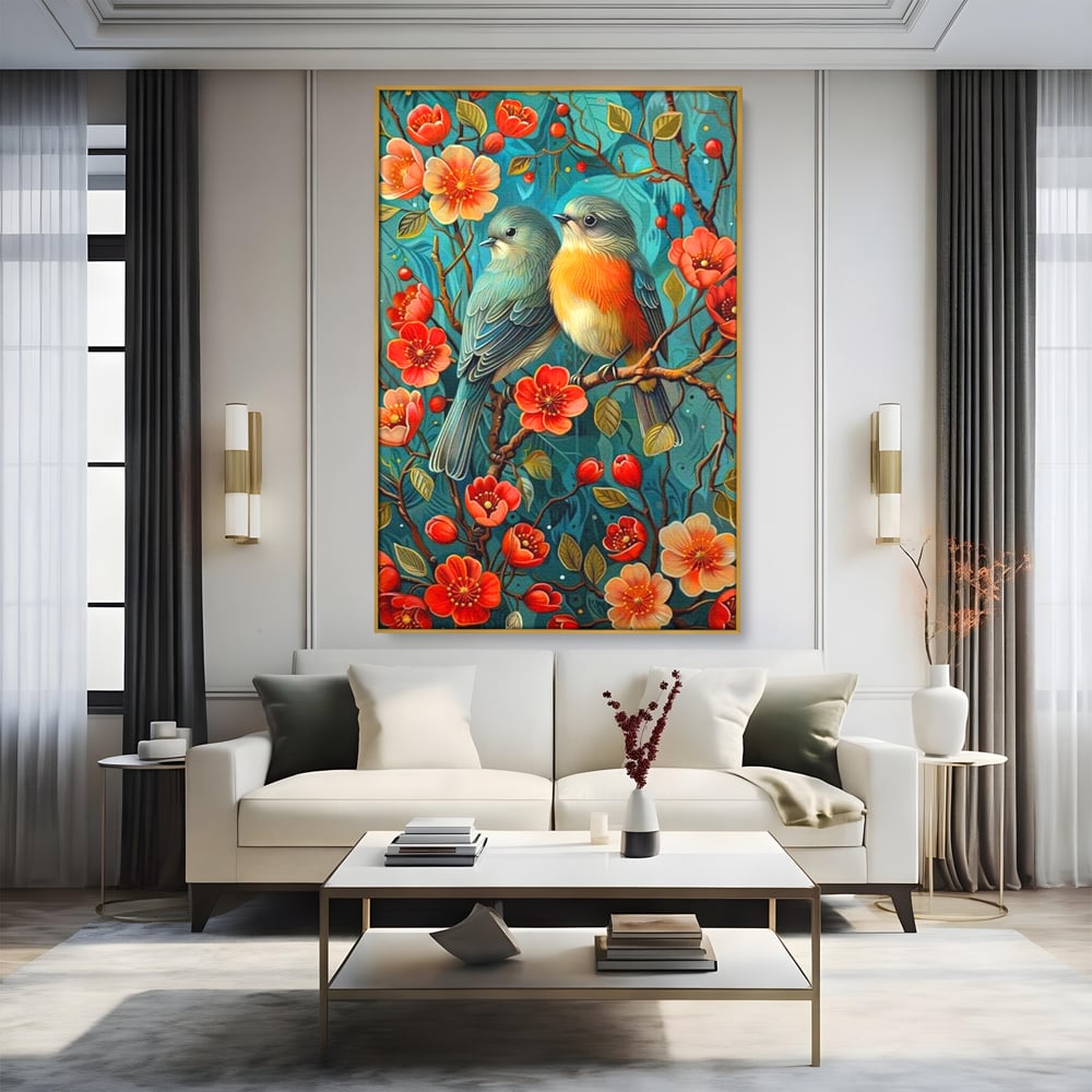 Tablou Canvas Premium, LuxCanva® M1062, Muguri de Iubire, Primavara, Pereche, Muguri, Flori, Creanga, Natura, Botanic, Romantic, Pasari, Birou, Living, Camera Copil