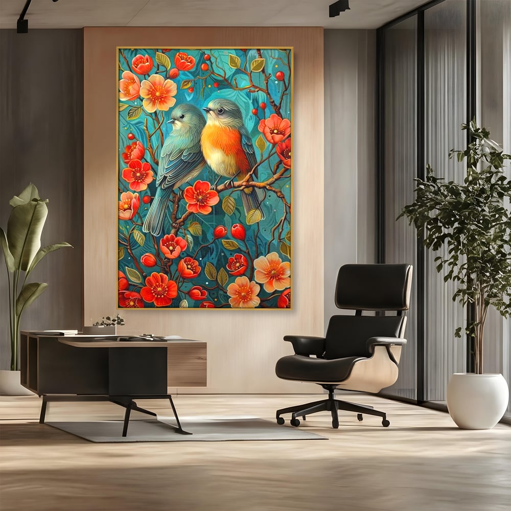 Tablou Canvas Premium, LuxCanva® M1062, Muguri de Iubire, Primavara, Pereche, Muguri, Flori, Creanga, Natura, Botanic, Romantic, Pasari, Birou, Living, Camera Copil