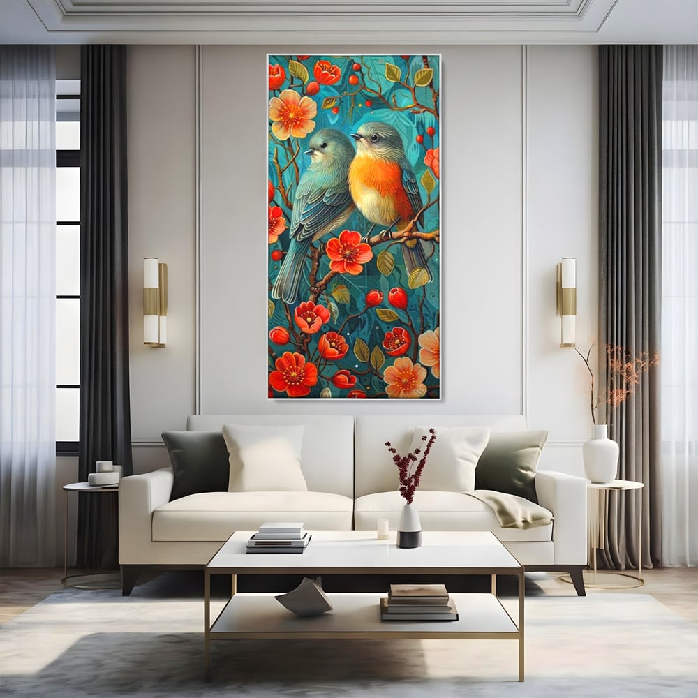 Tablou Canvas Premium, LuxCanva® M1062, Muguri de Iubire, Primavara, Pereche, Muguri, Flori, Creanga, Natura, Botanic, Romantic, Pasari, Birou, Living, Camera Copil