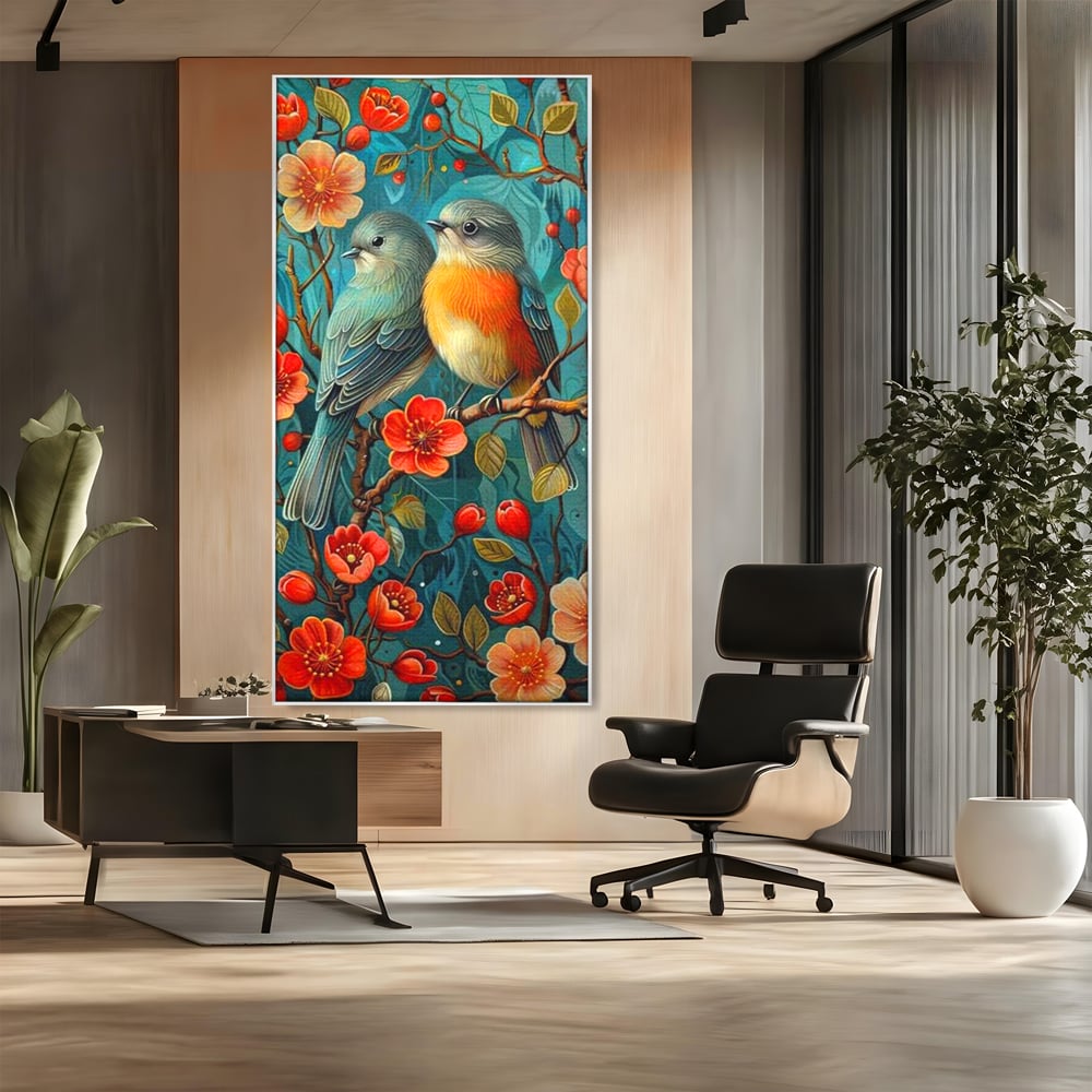Tablou Canvas Premium, LuxCanva® M1062, Muguri de Iubire, Primavara, Pereche, Muguri, Flori, Creanga, Natura, Botanic, Romantic, Pasari, Birou, Living, Camera Copil