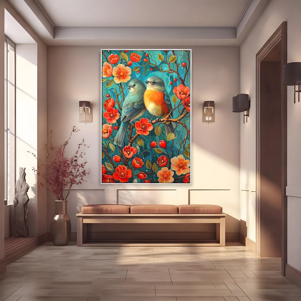 Tablou Canvas Premium, LuxCanva® M1062, Muguri de Iubire, Primavara, Pereche, Muguri, Flori, Creanga, Natura, Botanic, Romantic, Pasari, Birou, Living, Camera Copil