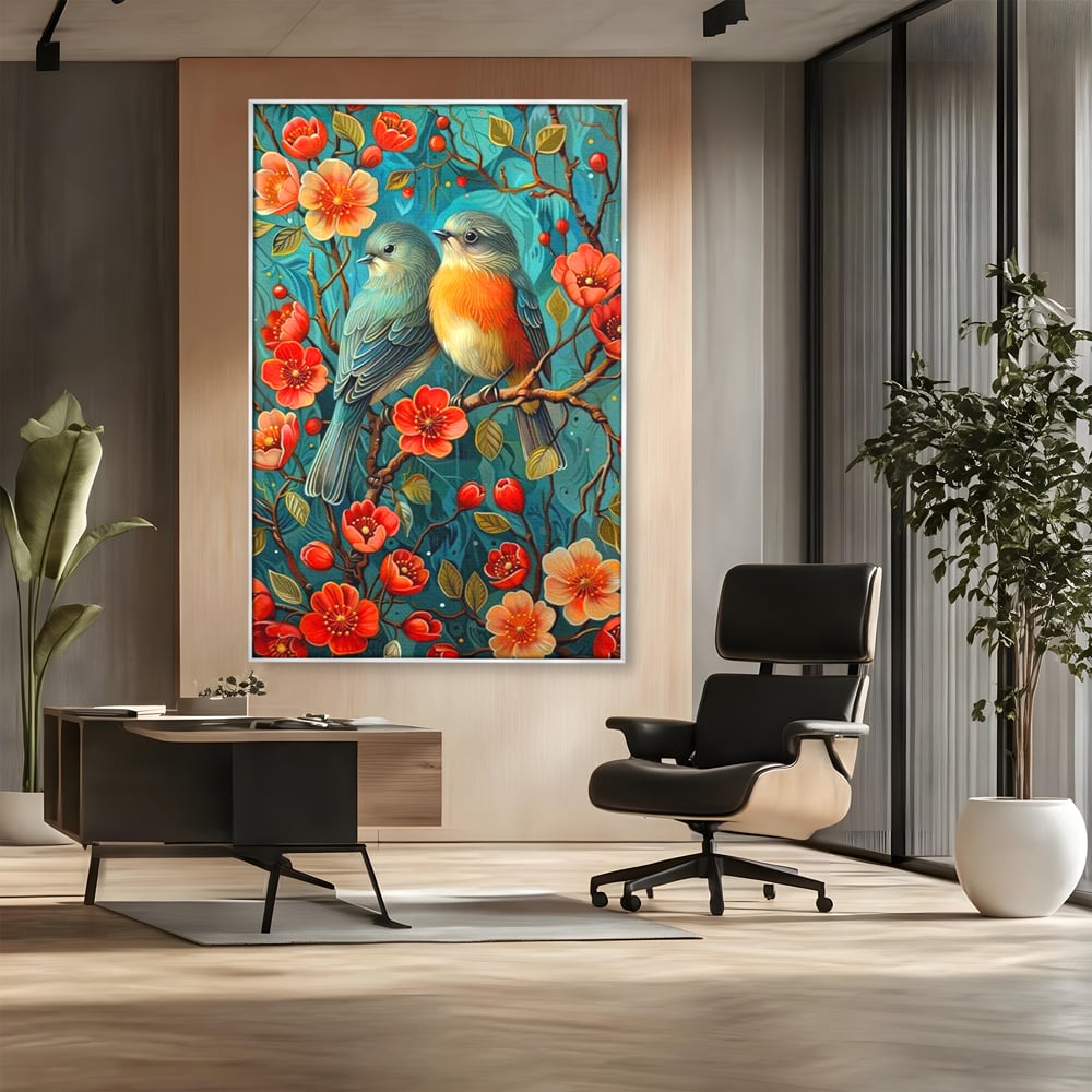 Tablou Canvas Premium, LuxCanva® M1062, Muguri de Iubire, Primavara, Pereche, Muguri, Flori, Creanga, Natura, Botanic, Romantic, Pasari, Birou, Living, Camera Copil