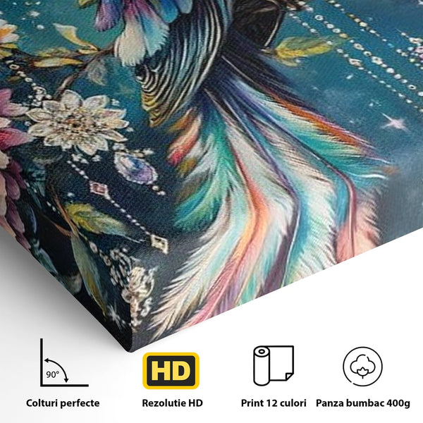 Tablou Canvas Premium, LuxCanva® M1063, Bijuteria Naturii, Cristale, Pasare, Bijuterii, Ramura, Flori, Magie, Sclipire, Mistic, Curcubeu, Natura, Birou, Living, Camera Copil