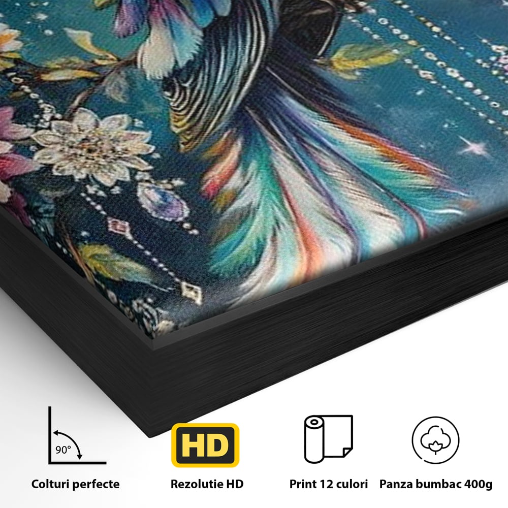Tablou Canvas Premium, LuxCanva® M1063, Bijuteria Naturii, Cristale, Pasare, Bijuterii, Ramura, Flori, Magie, Sclipire, Mistic, Curcubeu, Natura, Birou, Living, Camera Copil